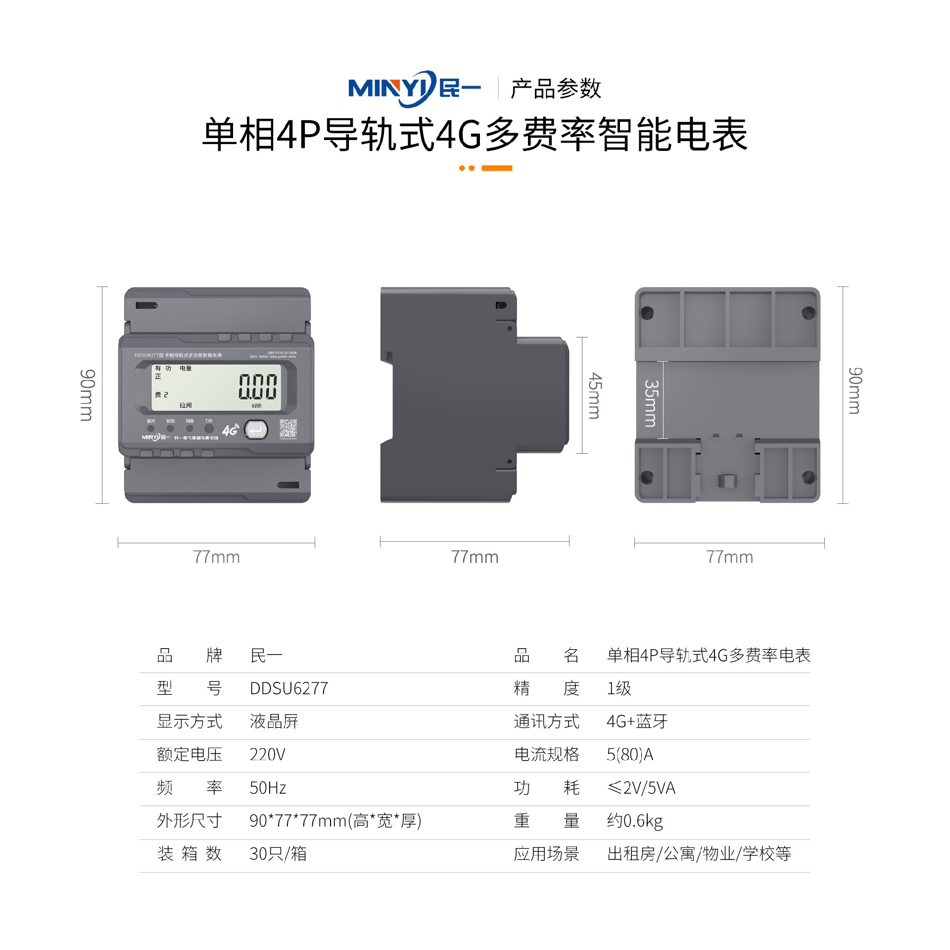 单相4P导轨式4G多费率智能电表 - 2